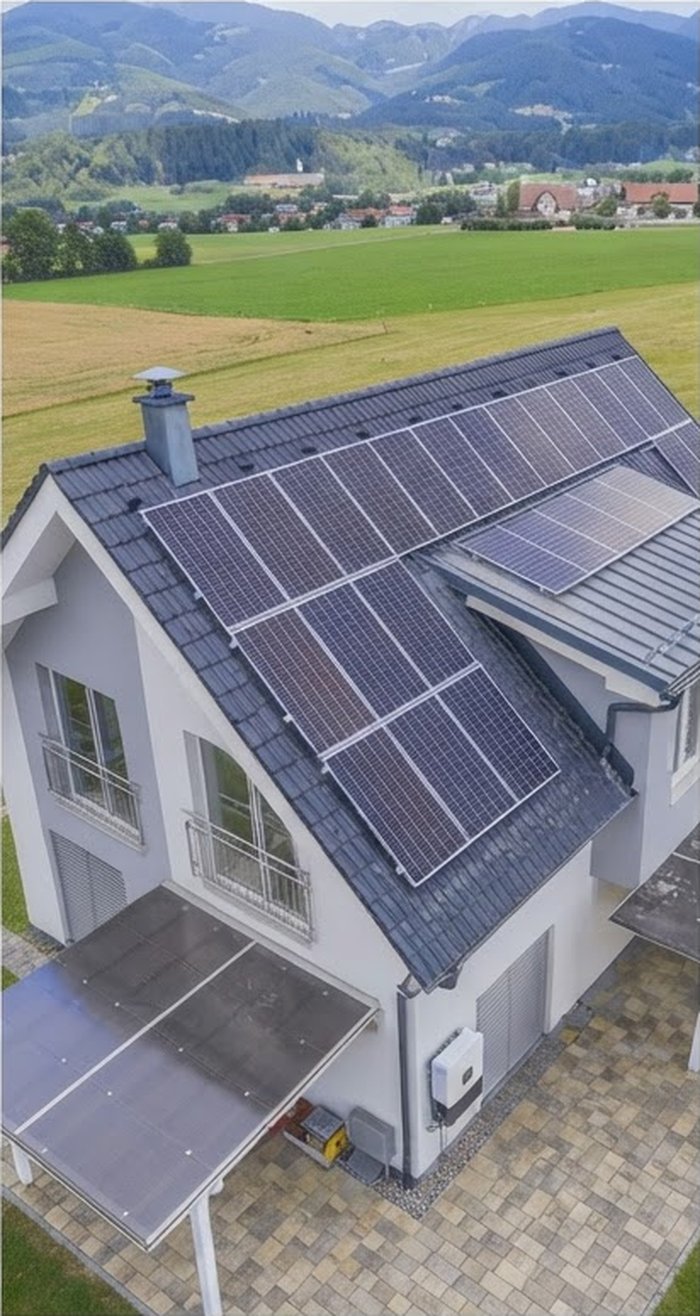 Aerial view of a rooftop solar array